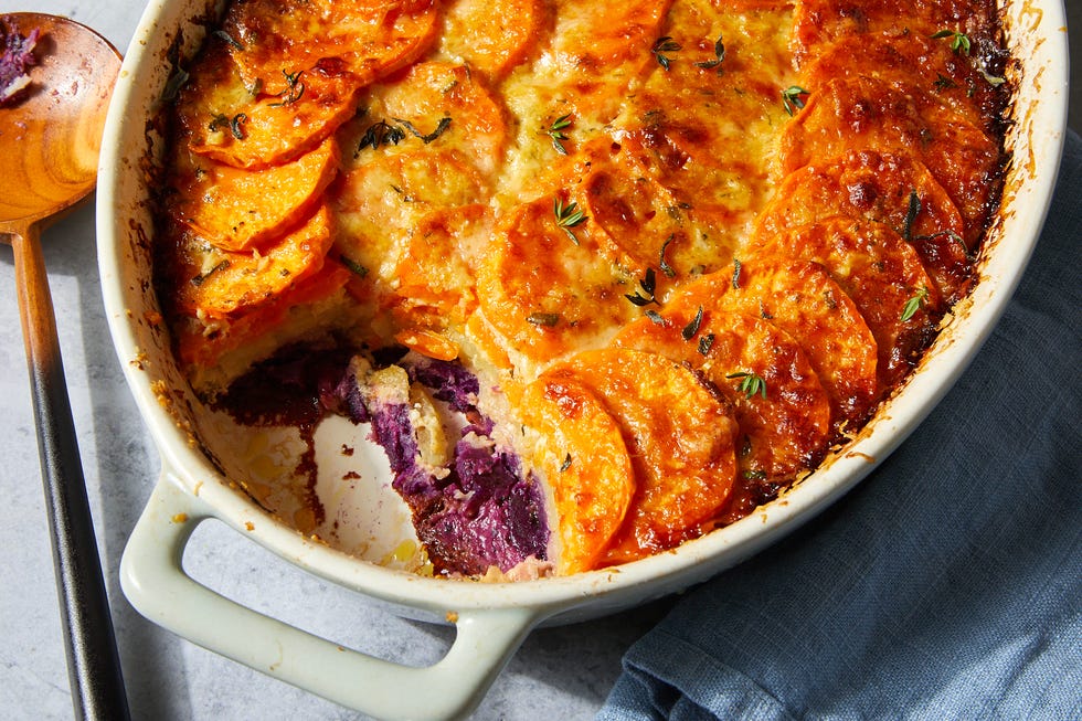 tri color sweet potato gratin with gruyere and thyme