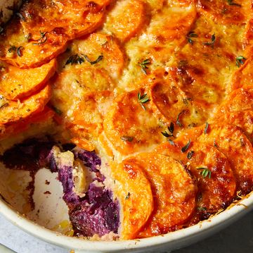 tri color sweet potato gratin with gruyere and thyme