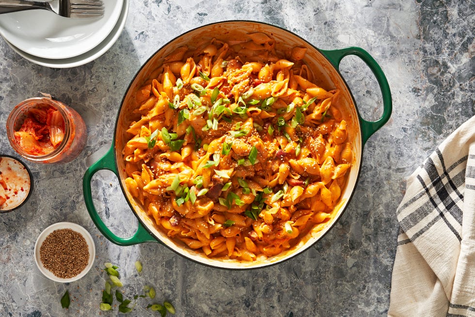one pot creamy kimchi pasta with bacon