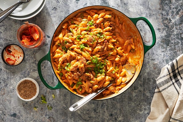 one pot creamy kimchi pasta with bacon