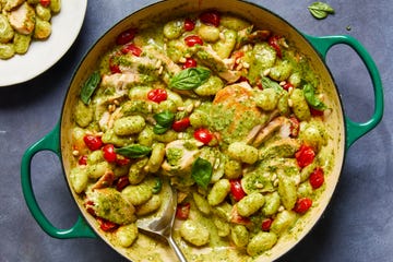 creamy pesto baked gnocchi and chicken skillet