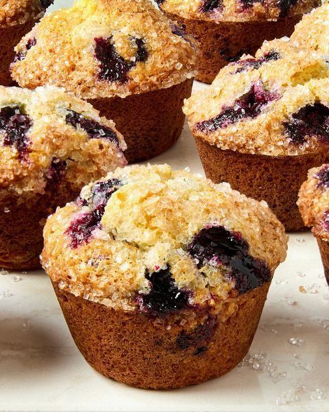 blueberry muffins topped with sugar