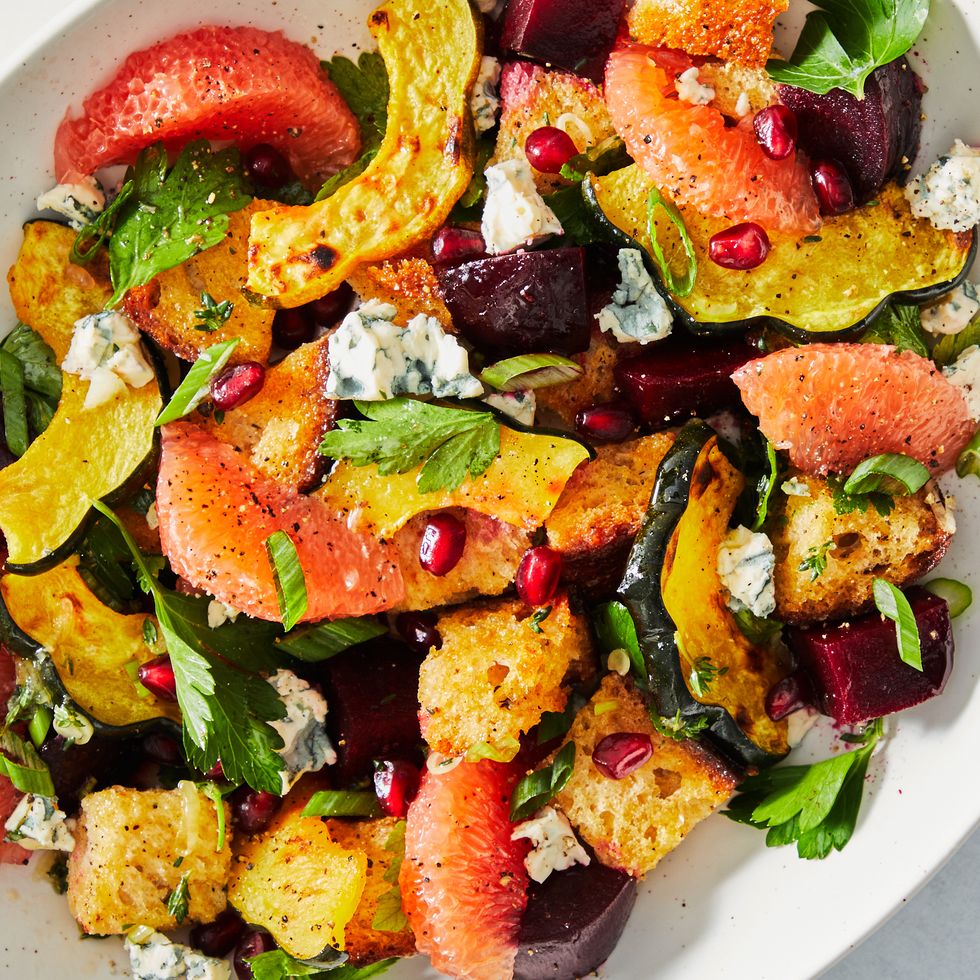 winter rainbow panzanella salad with beets squash grapefruit and blue cheese