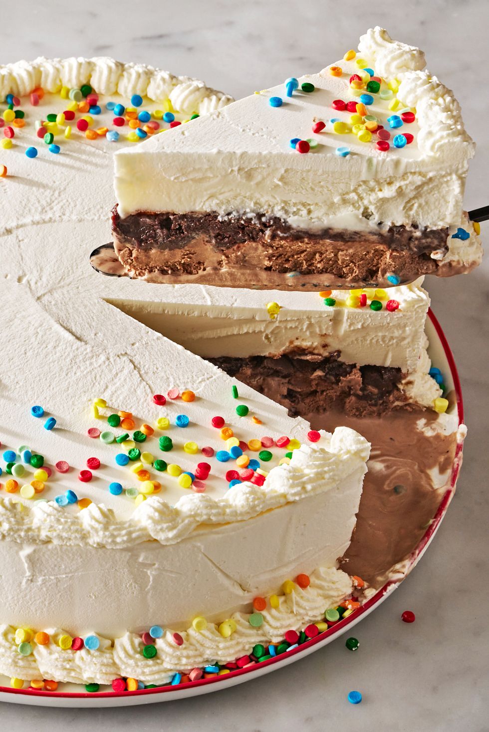 copycat dairy queen ice cream cake with slice lifting out