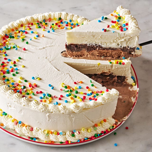 copycat dairy queen ice cream cake with slice lifting out