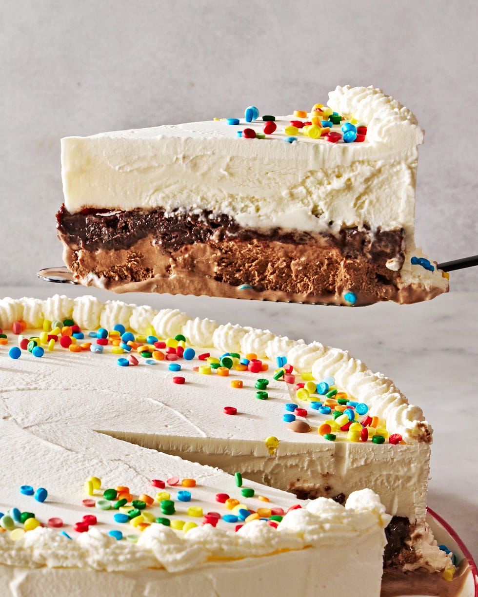 copycat dairy queen ice cream cake with a slice lifting out