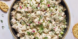 poached chopped chicken tossed with onion, dill, celery, mayo, and greek yogurt, served with crackers