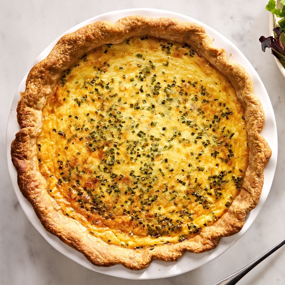 ham and cheese quiche topped with chives