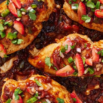 seared chicken breast smothered in smoky, spicy, chipotle jalapeno strawberry sauce and topped with strawberry jalapeno salsa