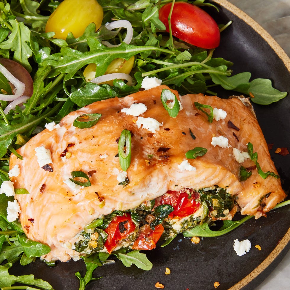 Best Feta, Spinach & Tomato Stuffed Salmon Recipe - How To Make Stuffed