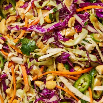thai style slaw with green red cabbage carrot jalapeno cilantro basil peanut soy sesame dressing and peanuts