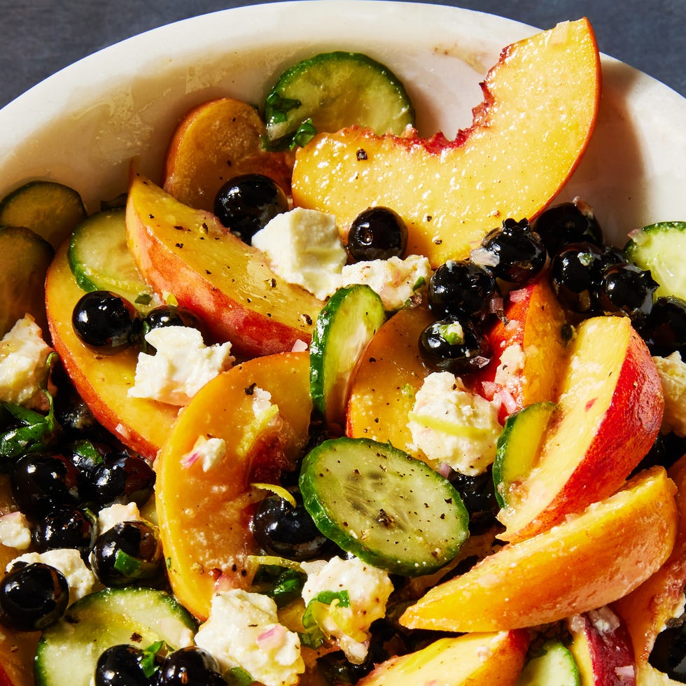 blueberry peach feta and cucumber salad with basil shallot white balsamic dressing