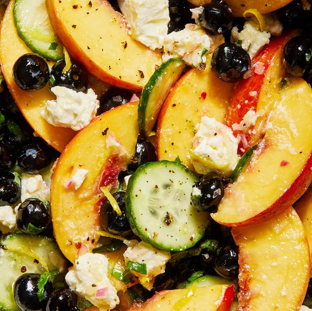 blueberry peach feta and cucumber salad with basil shallot white balsamic dressing