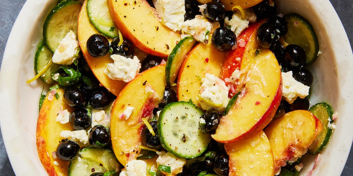 blueberry peach feta and cucumber salad with basil shallot white balsamic dressing