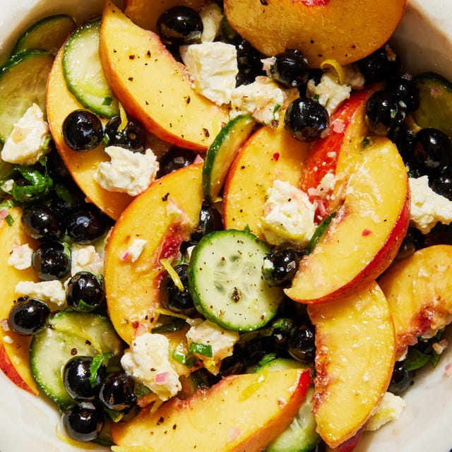 blueberry peach feta and cucumber salad with basil shallot white balsamic dressing