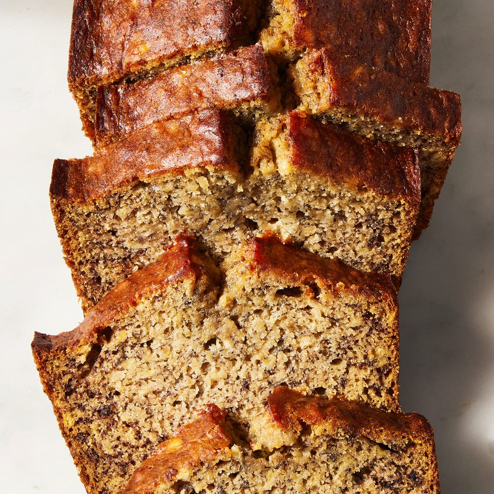 banana bread sliced on a white platter