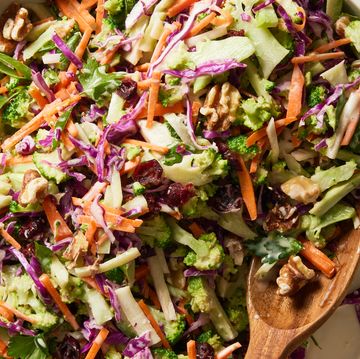 broccoli slaw with cabbage, carrots, scallions, toasted walnuts, dried cranberries, and maple dijon dressing