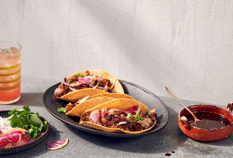 duck carnitas tacos and salsa macha