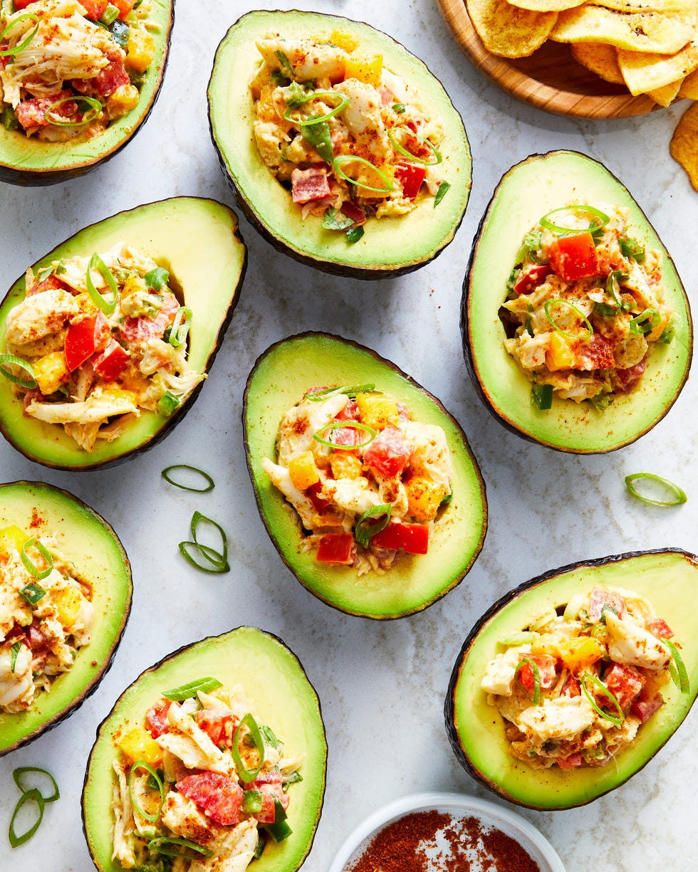 ripe avocado stuffed with chili and cumin spiced lump crab, tomato, mango, and scallion, served with plantain chips