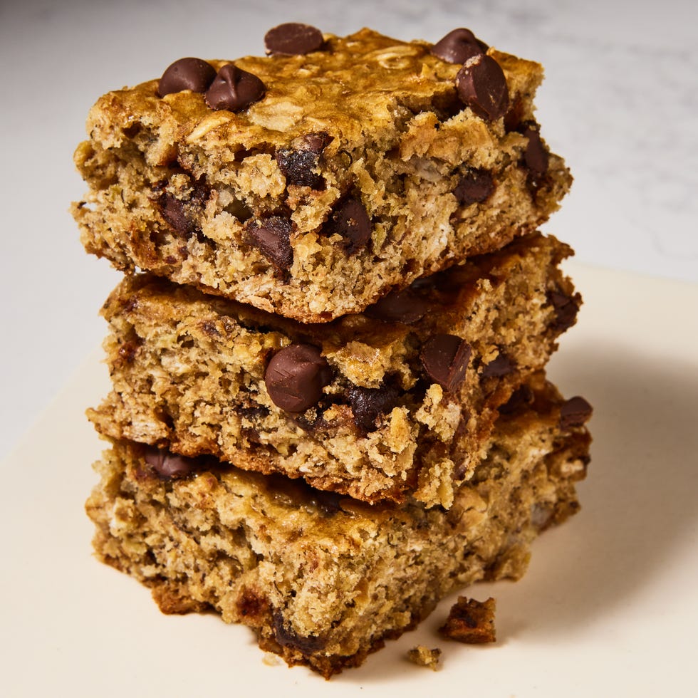 a stack of chocolate chip banana oatmeal bars