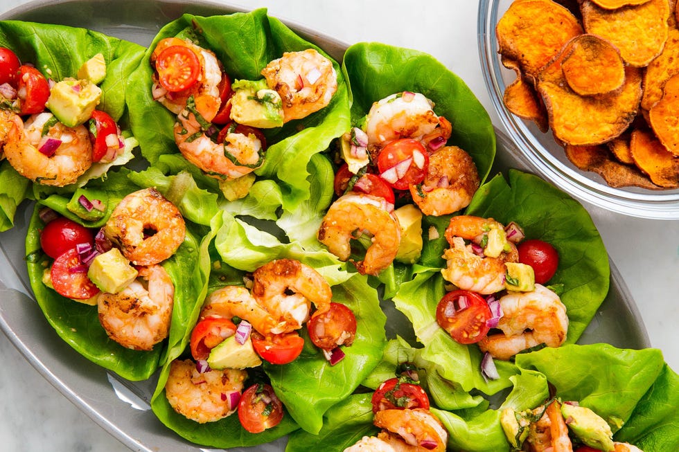 basil avocado shrimp salad wraps and sweet potato chips