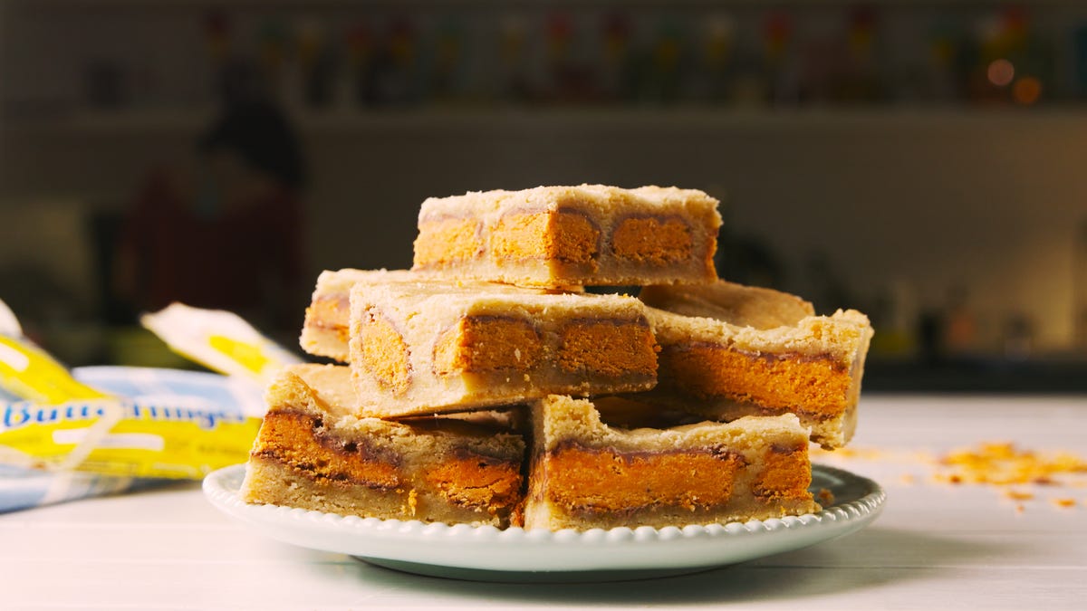 preview for These Butterfinger Stuffed Blondies Are Absolutely Epic