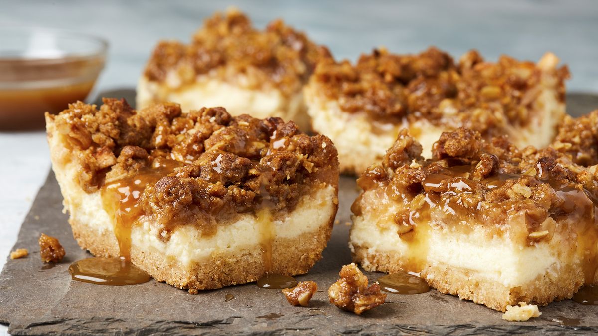 preview for These Caramel Apple Cheesecake Bars Are The Definition Of Fall