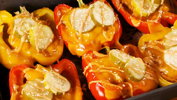 Dish, Food, Delicacies, Stuffed peppers, Ingredient, Bell pepper, Bell peppers and chili peppers, Capsicum, Assemble, Comfort meals,   Cheeseburger Stuffed Peppers delish cheeseburger stuffed peppers pinterest still001 1540842620