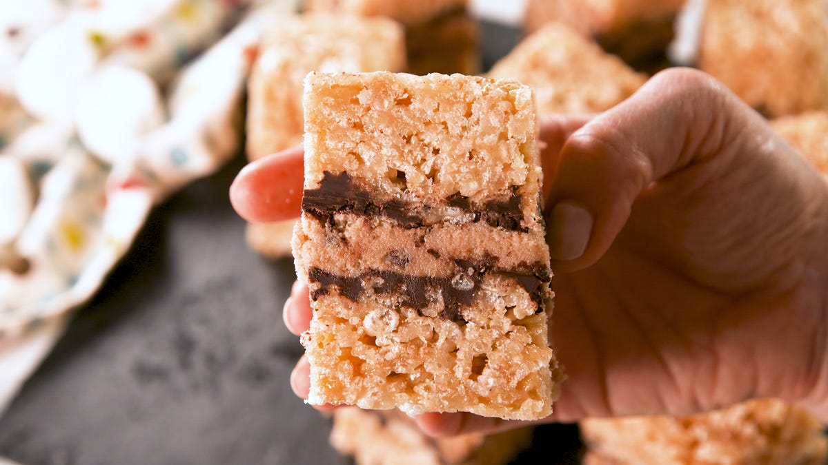 preview for These Rice Krispie Treats Are STUFFED With Cookie Dough