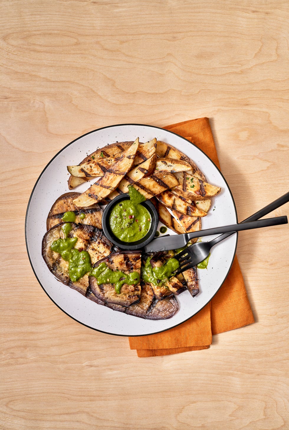 eggplant steak frites with chimichurri