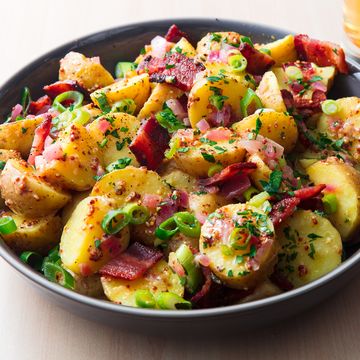 boiled potatoes in german potato salad with bacon and mustard