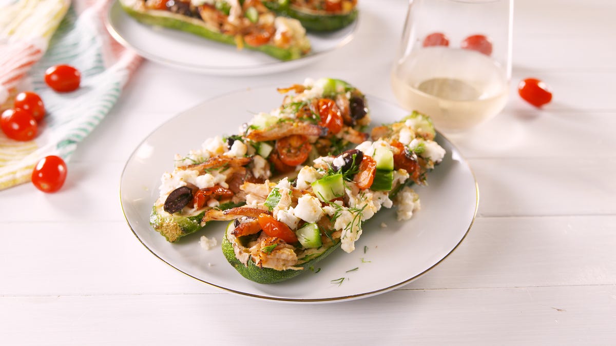 preview for Dinner Tonight: Greek Chicken Stuffed Zucchini!