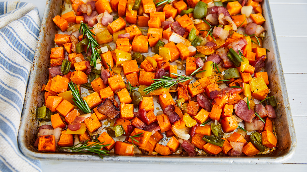 preview for Mornings Need Healthy Sheet Pan Sweet Potato Hash