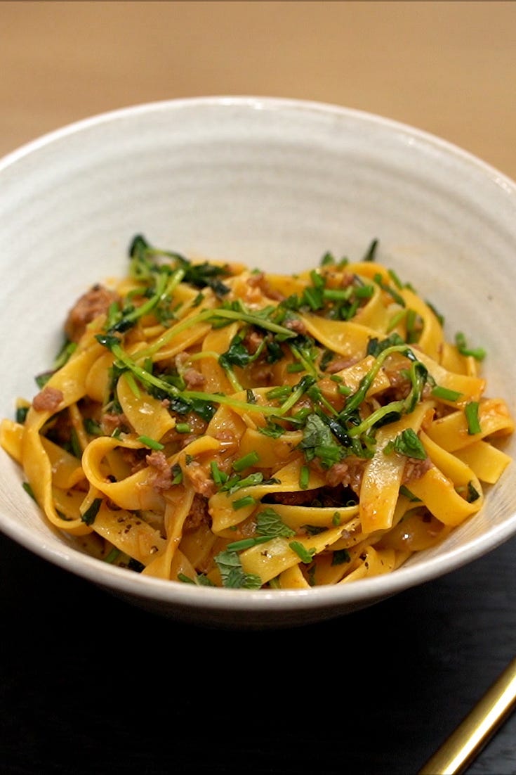 spring lamb ragu with pea shoots and anchovies