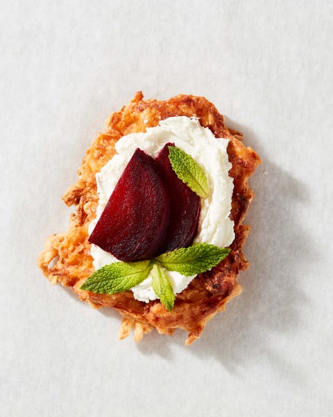 latkes with goat cheese, roasted beet, and mint  delishcom