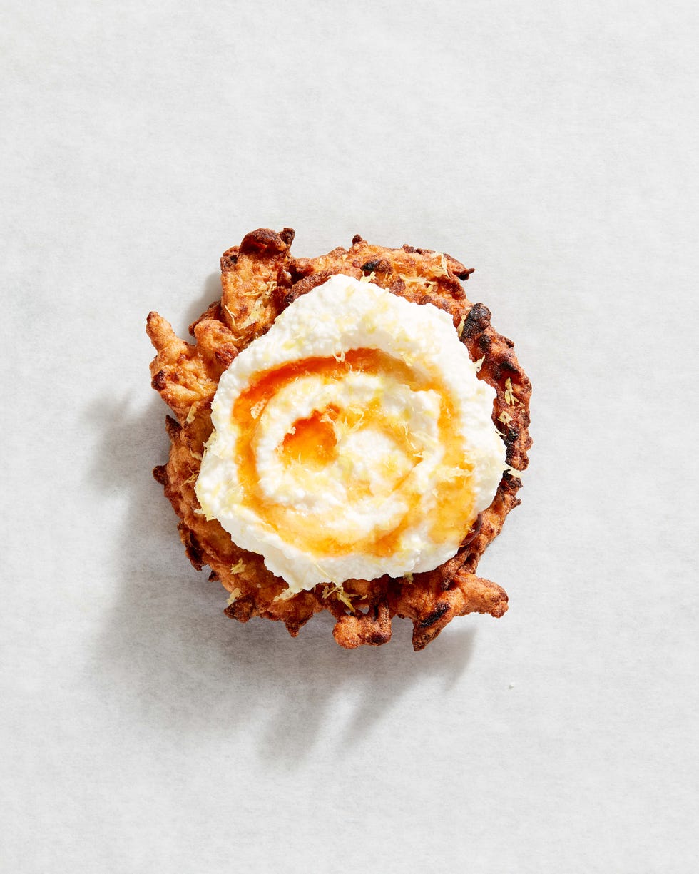 latkes with ricotta, lemon zest, and hot honey  delishcom