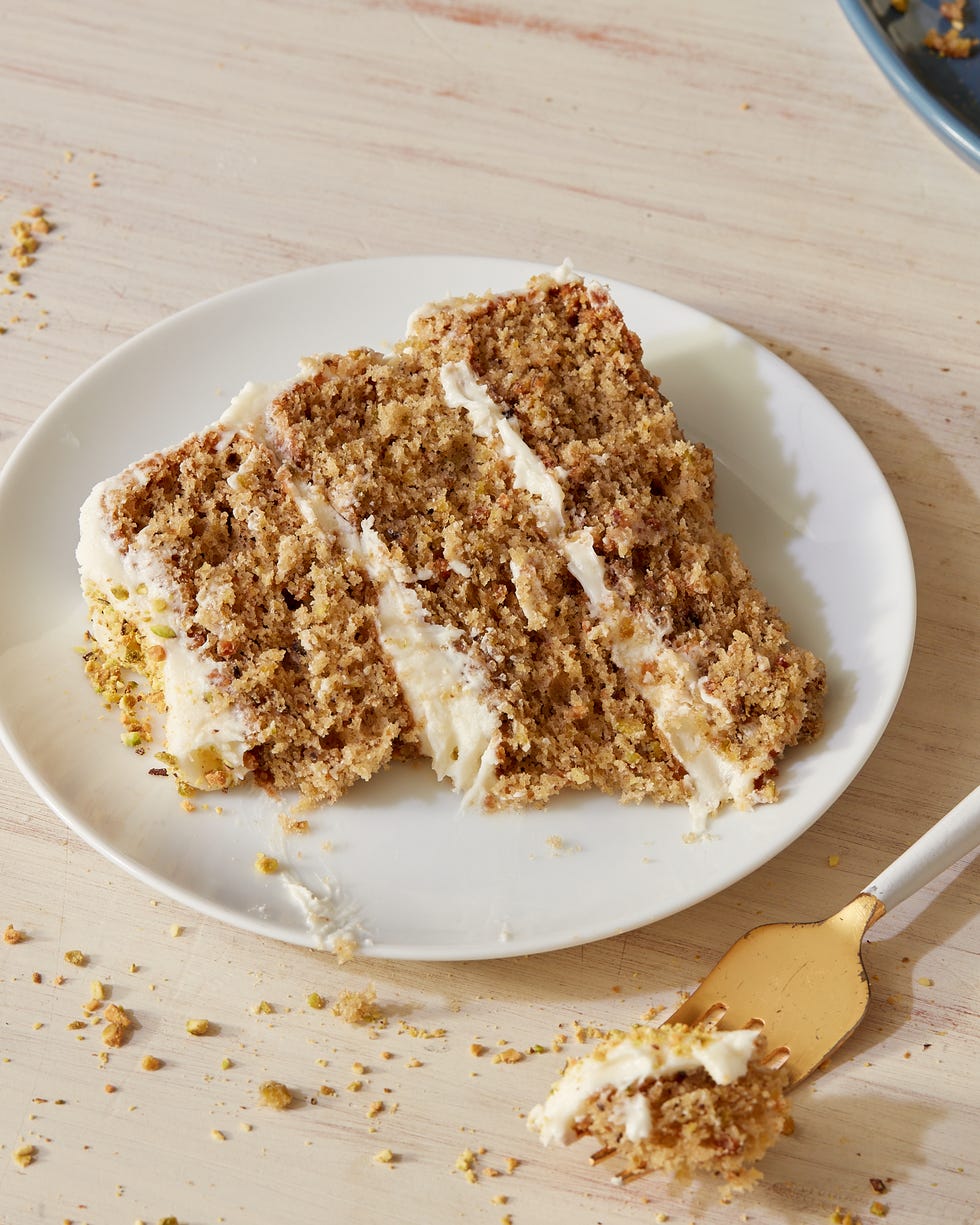 layered pistachio cake with cream cheese frosting