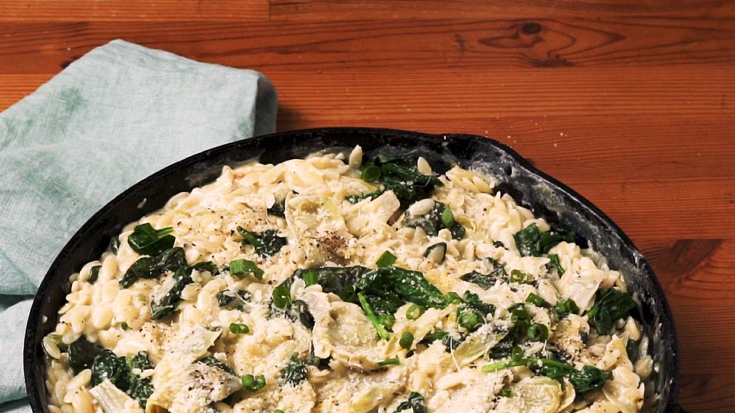 preview for Spinach Artichoke Orzo Is The QUICKEST Weeknight Meal