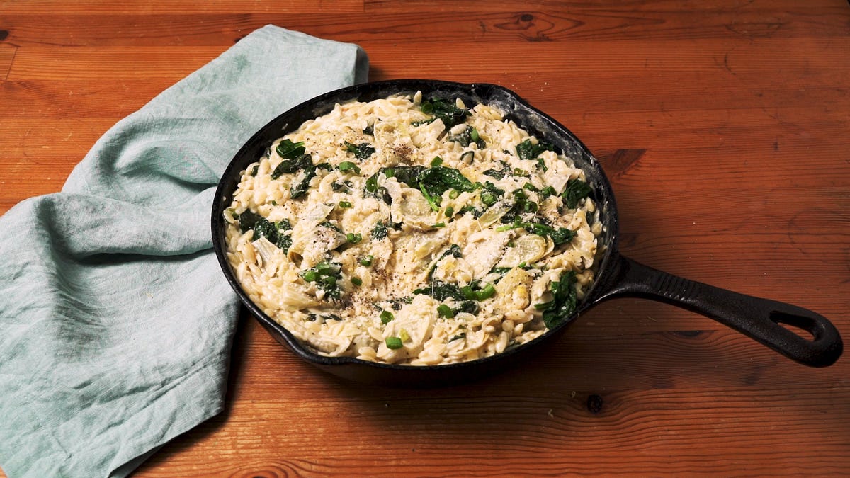 preview for Spinach Artichoke Orzo Is The QUICKEST Weeknight Meal