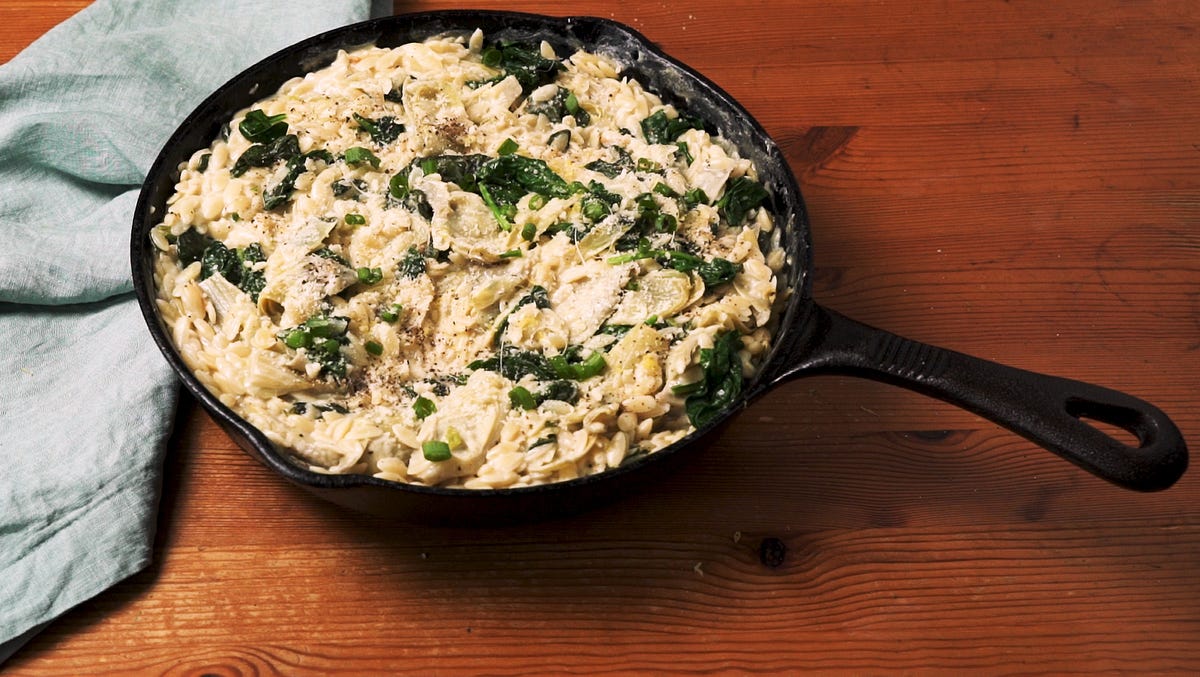 Video player poster image preview for Spinach Artichoke Orzo Is The QUICKEST Weeknight Meal