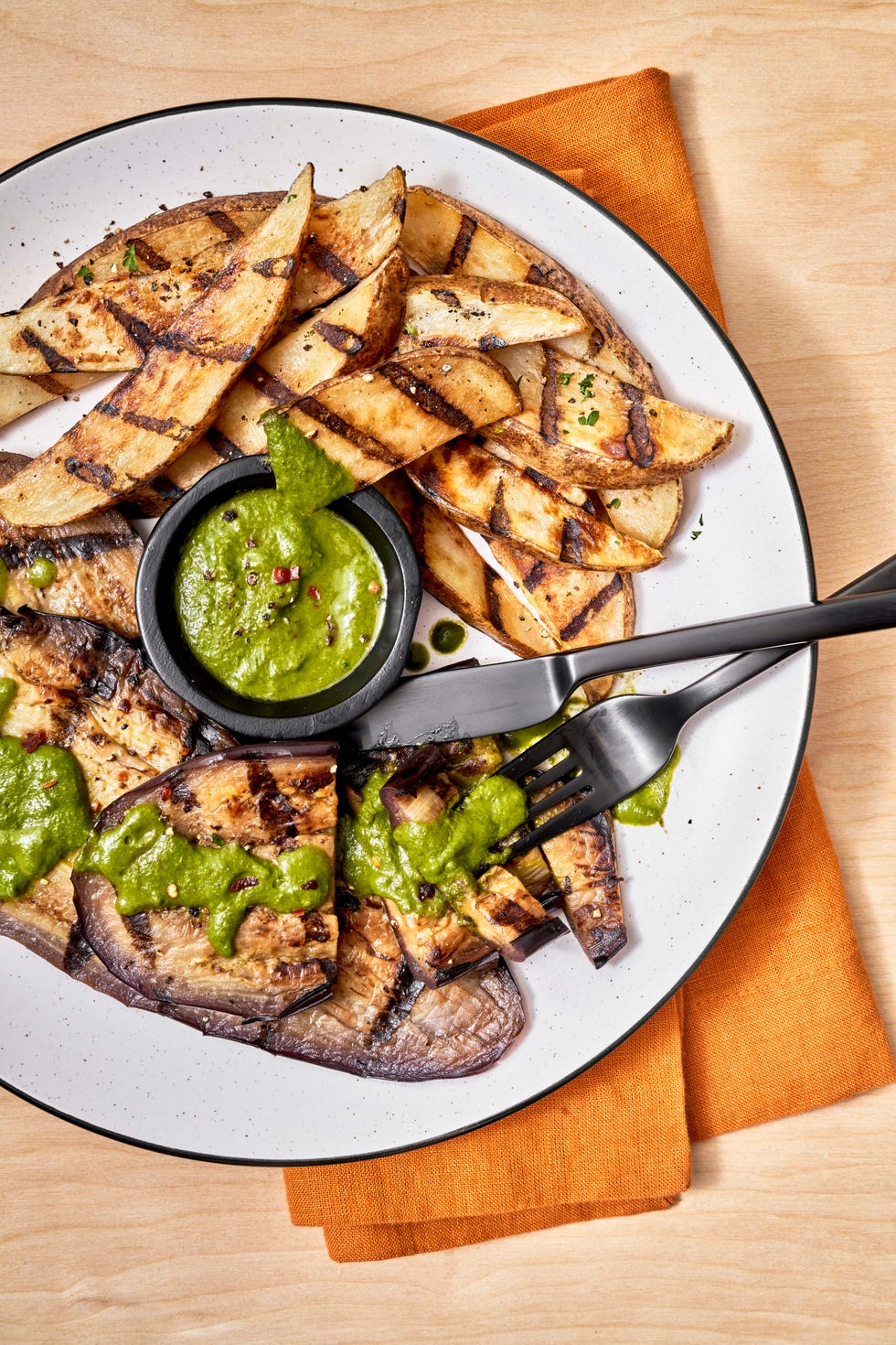 eggplant steak frites with chimichurri