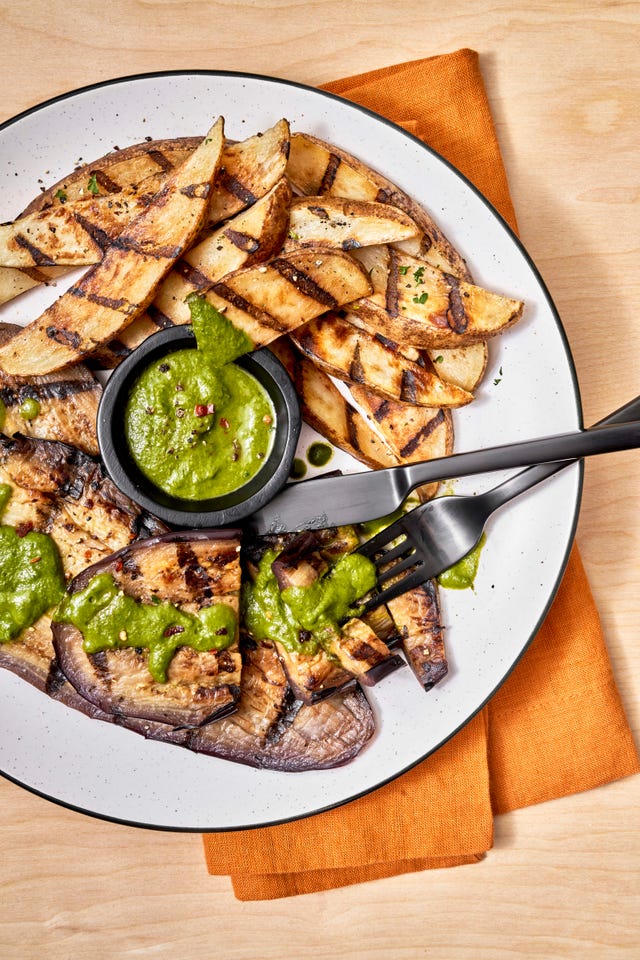 eggplant steak frites with chimichurri
