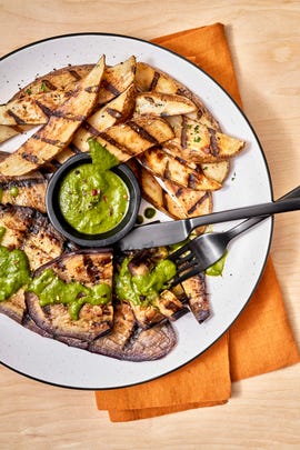 eggplant steak frites with chimichurri