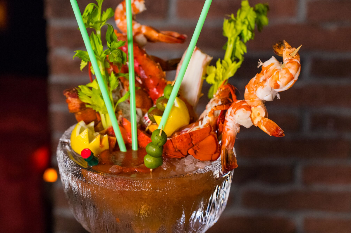 Bloody mary pitcher in Las Vegas is topped with a full meal