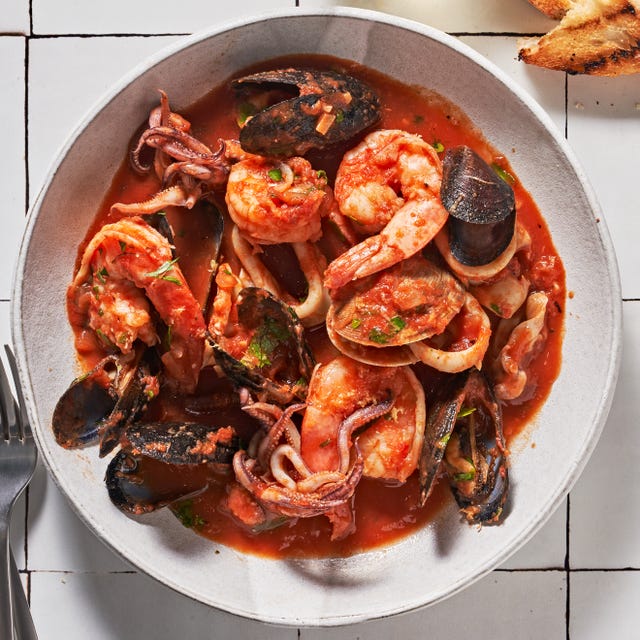 zuppa di pesce with mussels clams shrimp squid tomato white wine andgarlic