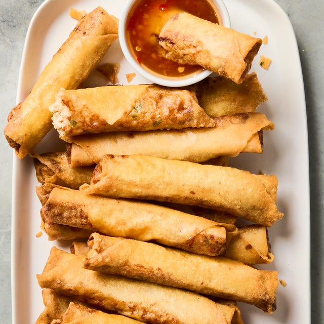 ground pork, shrimp, crunchy vegetables, and aromatics, wrapped in a paper thin shell, and deep fried until shatteringly crisp