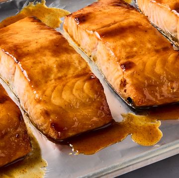 tender, flaky broiled salmon glazed with a sweet, slightly tart glaze of brown sugar, dijon mustard, lime juice, fish sauce, and berbere spice