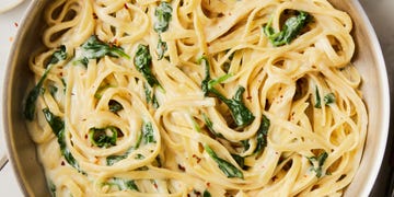 creamy high protein cottage cheese alfredo with spinach and fettuccine