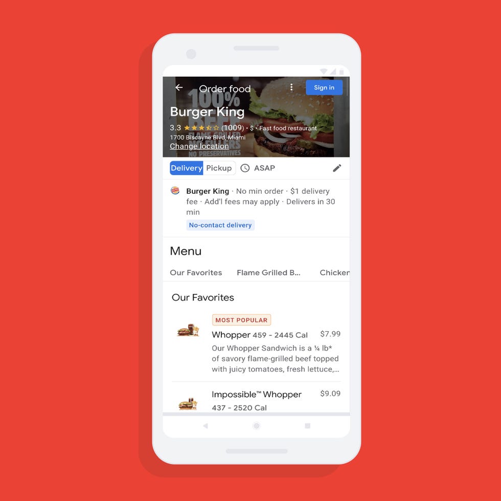 burger king ordering from google maps