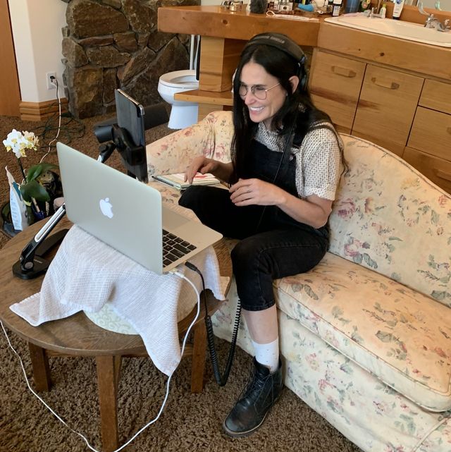 demi moore recording a podcast in her bathroom
